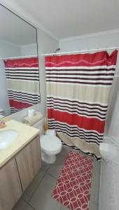 a bathroom with a toilet and a shower curtain at departamento cercano a mall zofri in Iquique