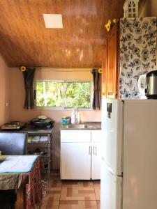 a small kitchen with a refrigerator and a table at Lissadell Country House in Monteverde Costa Rica