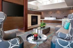 ein Wohnzimmer mit einem TV, einem Sofa und Stühlen in der Unterkunft Residence Inn Phoenix Desert View at Mayo Clinic in Phoenix
