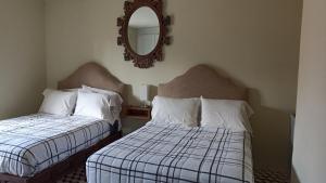 1 Schlafzimmer mit 2 Betten und einem Wandspiegel in der Unterkunft Casa Centro San Miguel de Allende in San Miguel de Allende