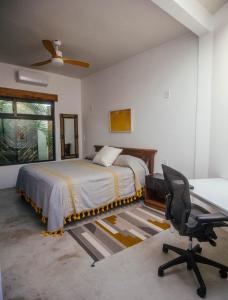 ein Schlafzimmer mit einem Bett, einem Schreibtisch und einem Stuhl in der Unterkunft Casa Pelicano in Puerto Escondido