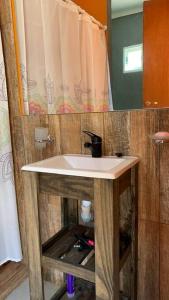 a bathroom with a sink and a shower at Departamento Dulce Manía 1 in Carhué