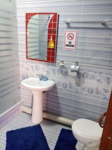 a bathroom with a sink and a toilet and a mirror at Hotel Nasriddin Navruz in Bukhara