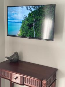 un televisor en una pared con un pájaro sentado en una mesa en -The Garden Room - with Private Entrance & Private Bathroom, en Wentworthville