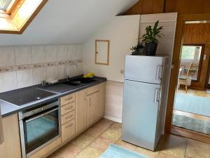 a kitchen with a white refrigerator and a sink at Ruhige Ferienwohnung Dreihansen in Lößnitz