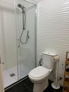 a bathroom with a toilet and a glass shower at Ortigia Loft Via Malta, 22 in Siracusa