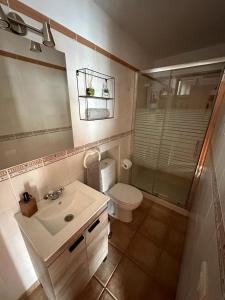 een badkamer met een wastafel, een toilet en een douche bij Casa Jesus in Fuencaliente de la Palma