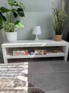 a white shelf with two potted plants on it at Apartament Wałowa in Wejherowo