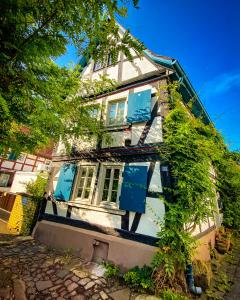 a white house with blue shutters on a street at Hexenhäuschen Dreieichenhain in Dreieich