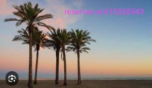 three palm trees on the beach at sunset at Apartamento el rebalaje VI in Roquetas de Mar