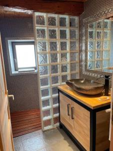 uma casa de banho com um lavatório e uma parede de vidro em La clé des champs de Laumont em Saint-Diéry