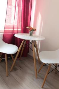 stół z dwoma krzesłami i wazon z kwiatami w obiekcie HOLA Apartamenty Narutowicza w Łodzi