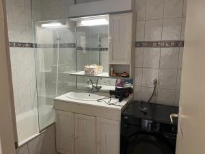 une salle de bain avec un lavabo et une machine à laver dans l'établissement Frida- Nancy Thermal à 2 min- 10 pers - chez Julie, à Nancy 19 autres photos