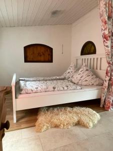 Bett in einem Zimmer mit einem Hund auf dem Boden in der Unterkunft Ferienhaus Sternschnuppe in Limbach