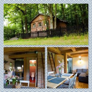dwa zdjęcia domu w lesie w obiekcie Chalupa přehrada Fojtka w mieście Mníšek
