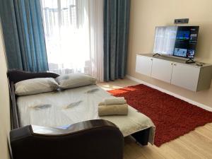1 dormitorio con 1 cama, TV y alfombra roja en Dream City 15, en Astana