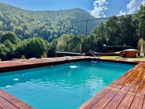 a swimming pool with a view of a mountain at ACASĂ la Lisa in Lissa