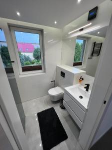 a white bathroom with a sink and a toilet at MS HOUSE Apartamenty in Żywiec