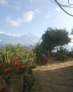 a garden with flowers and a mountain in the background at Juma Danda Lodge in Pokhara