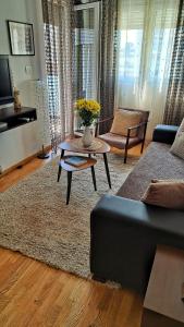uma sala de estar com um sofá e uma mesa em Apartman Miss T em Podgorica