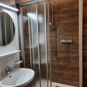 ein Bad mit einer Dusche und einem Waschbecken in der Unterkunft Apartment Marianne in Bad Gastein