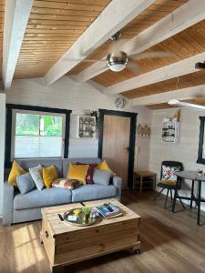 SchöningenNEU! Ferienhütte Tiny House的客厅里有一张沙发和一张咖啡桌。
