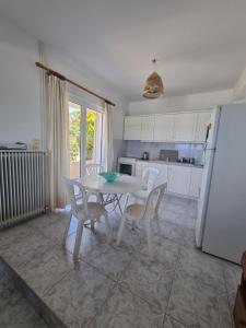 a kitchen with a table and chairs and a refrigerator at Aegean Villa in Mourteri