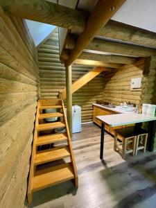 a room with a ladder and a table and a kitchen at Lake Side - Lângă Lac in Dunavăţu de Jos +18 photos