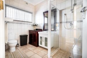 a bathroom with a shower and a toilet and a sink at Avemore Vredehof No 2 - with Backup Power in Stellenbosch