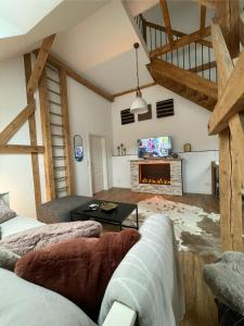 KerpenにあるEifelsuiten - Suiten mit Sauna, Kamin und Balkon in der Vulkaneifel - Kerpen Looghのソファと暖炉のあるリビングルーム