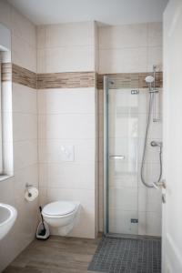 a bathroom with a shower and a toilet and a sink at Havelstern Ketzin, Ferienhaus Hecht in Ketzin +7 photos