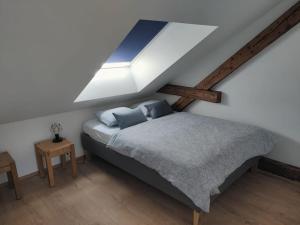 a bedroom with a bed and a skylight at Amstetten Penthouse in Amstetten