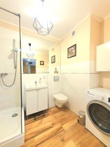 een badkamer met een wastafel, een toilet en een douche bij Apartament Trzy Sypialnie Stare Miasto in Elblag