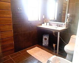uma casa de banho com um lavatório, um WC e um espelho. em CASA ARISTIDES em Mendoza