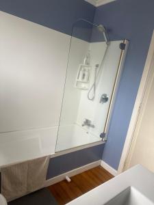 y baño con ducha y puerta de cristal. en Sunny House with 5 Bedrooms(near airport) en Christchurch