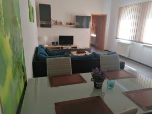 a living room with a couch and a table at Pension Anja Heil in Meißen +31 photos