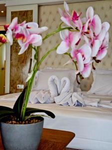 a bed with pink flowers in a pot on a table at Hotel Bohemi in Haskovo
