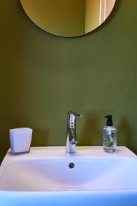 a bathroom sink with a bottle of soap and a mirror at The Palms Luxury Suites in Swakopmund