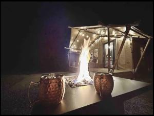 a house with a fireplace in front of it at Firefly Season Glamping in Sevierville