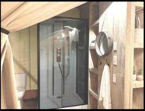 a glass shower in a bathroom with a mirror at Firefly Season Glamping in Sevierville