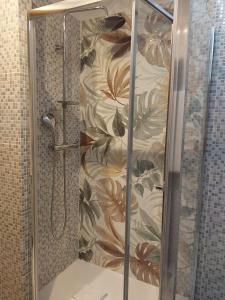 W łazience znajduje się prysznic ze szklanymi drzwiami. w obiekcie rooms speedy vicino aeroporto e fiera di roma w mieście Fiumicino