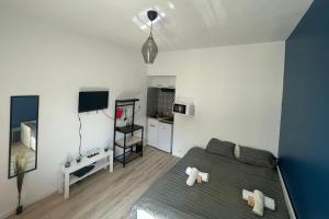 a bedroom with a large bed and a television at Direct access to Paris & the Champs-Elysees in Asnières-sur-Seine