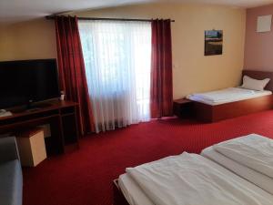 een hotelkamer met 2 bedden en een flatscreen-tv bij Pensiune Safrane in Băile Herculane