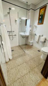 a bathroom with a shower and a toilet and a sink at Candisol Cozy Inns in Torremolinos