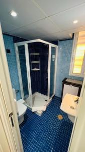 a bathroom with a shower and a toilet and a sink at Candisol Cozy Inns in Torremolinos
