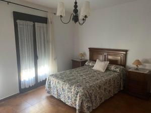 a bedroom with a bed and a chandelier at Apartamentos en sierra de gata la Noguera 2 in Villamiel
