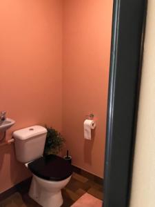 een badkamer met een wit toilet en een wastafel bij Bungalow Rochehaut au calme in Rochehaut