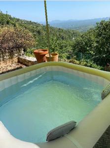 una bañera de hidromasaje con vistas a los auliculiculículos en Tiny House au coeur des Combes en Seillans