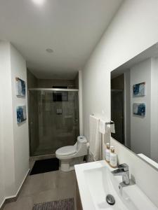 y baño con aseo, lavabo y ducha. en Paradise Apartment, en San Salvador