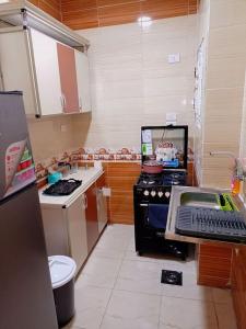una pequeña cocina con fogones y fregadero en Comfy apartment Downtown Aswan, en Asuán